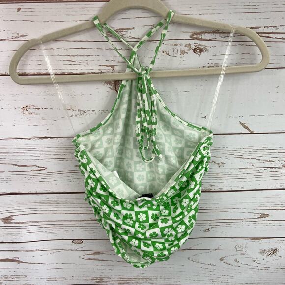 Windsor S Green White Checkered Shamrock Clover Tie Up Halter Ruched Crop Top - Picture 6 of 8